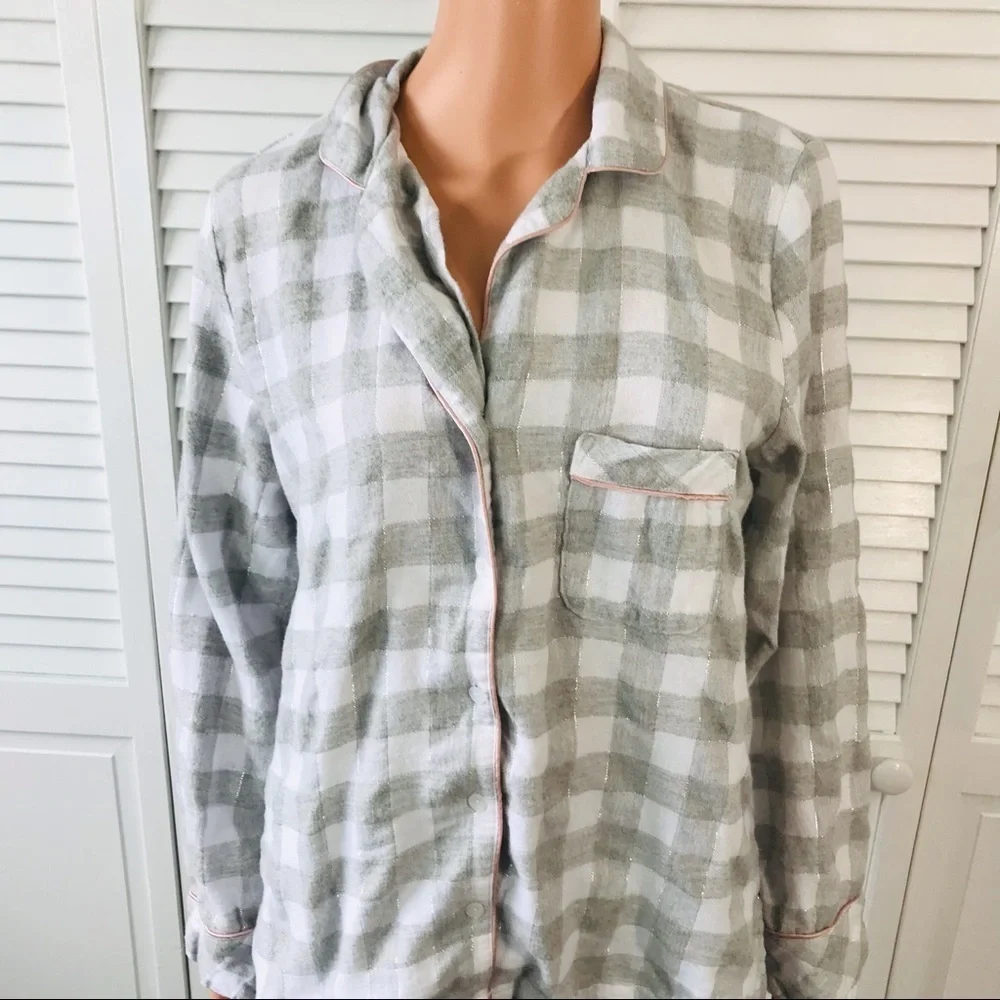2/$25 CHARTER CLUB Gray White Plaid Pajama Set Size Medium
